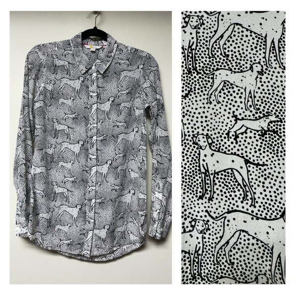 Boden Tops Boden 0 Silk Black And White Novelty Dog Print Button Up